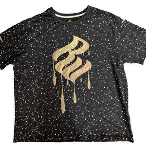 Rocawear Shirt Mens 2XL Black Big Logo Dripping Slit Sleeves Crew Neck XXL